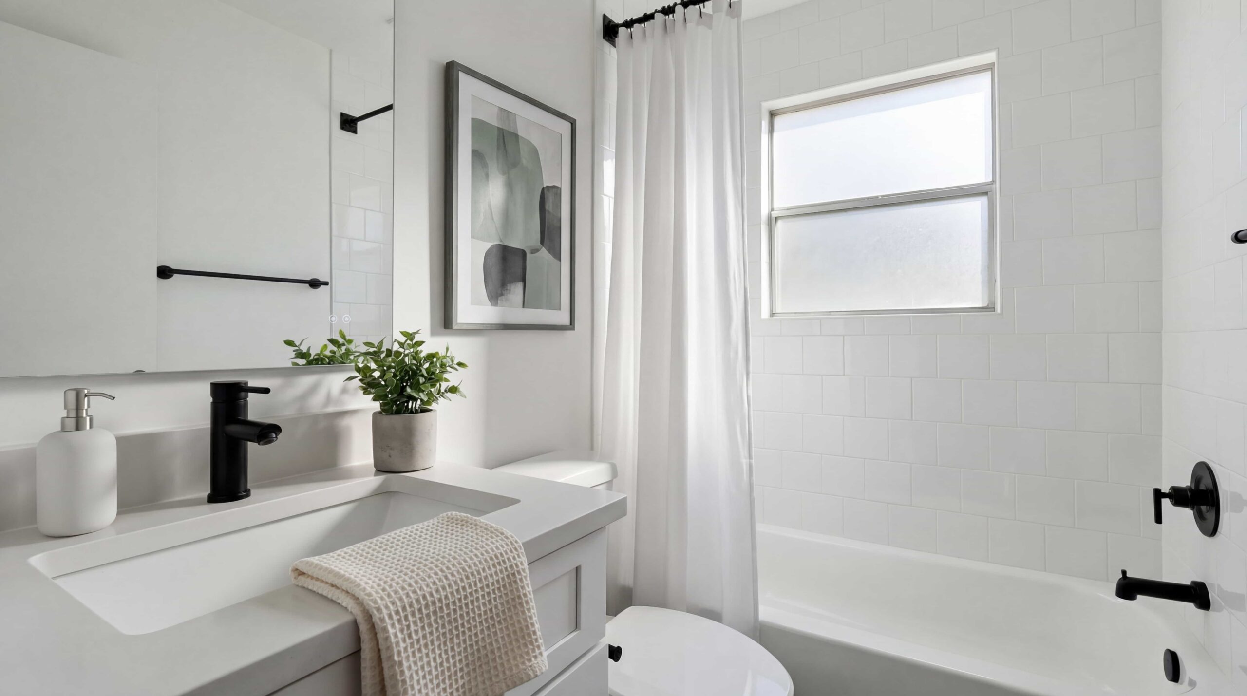 bright open bathroom with shower and bathtub
