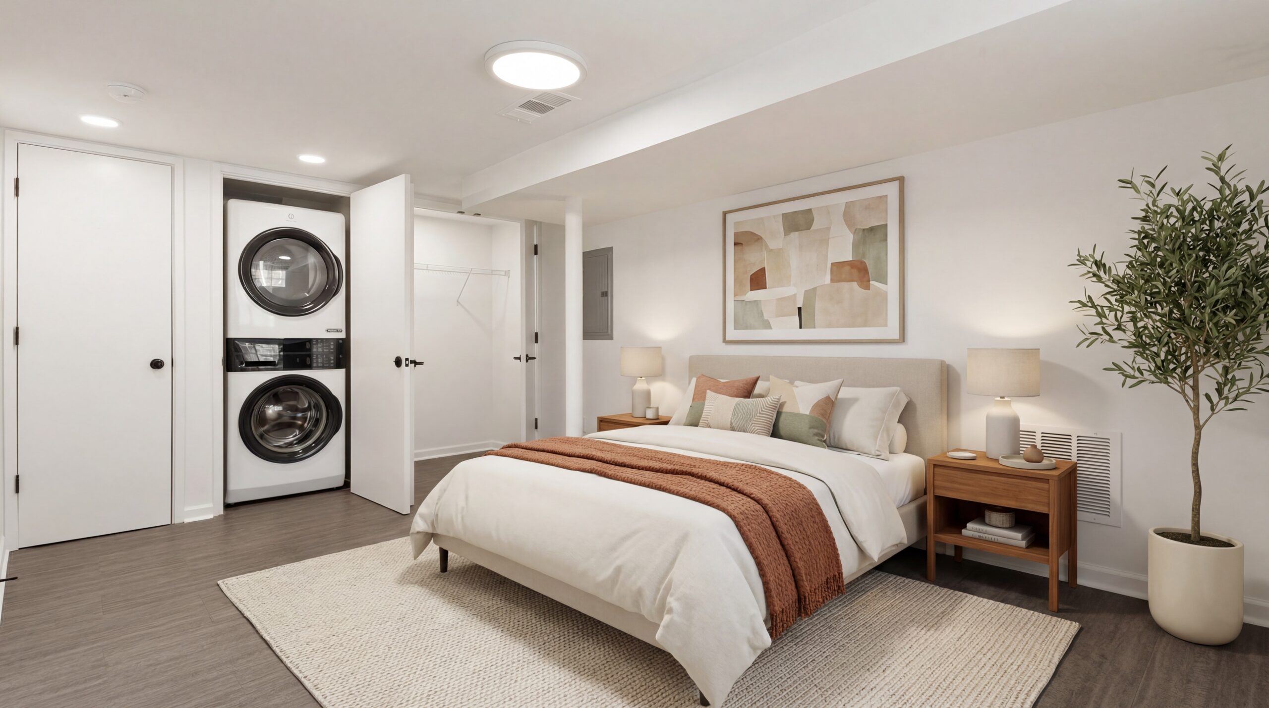 large bedroom with closet door open to show stacked washer and dryer