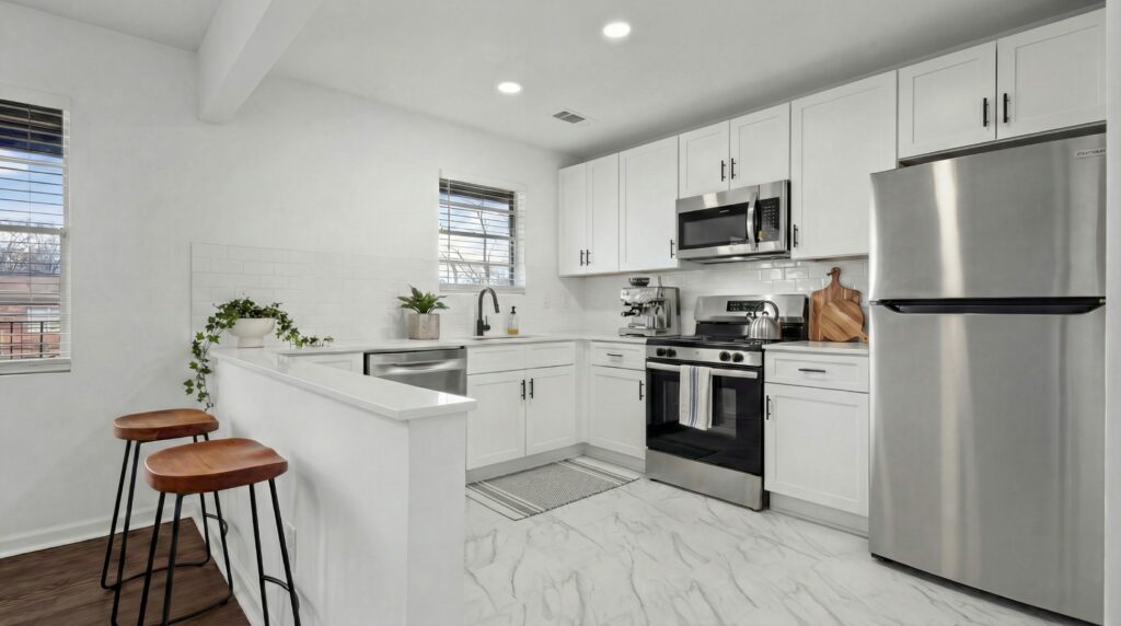 large open apartment kitchen with new appliances and bar stools