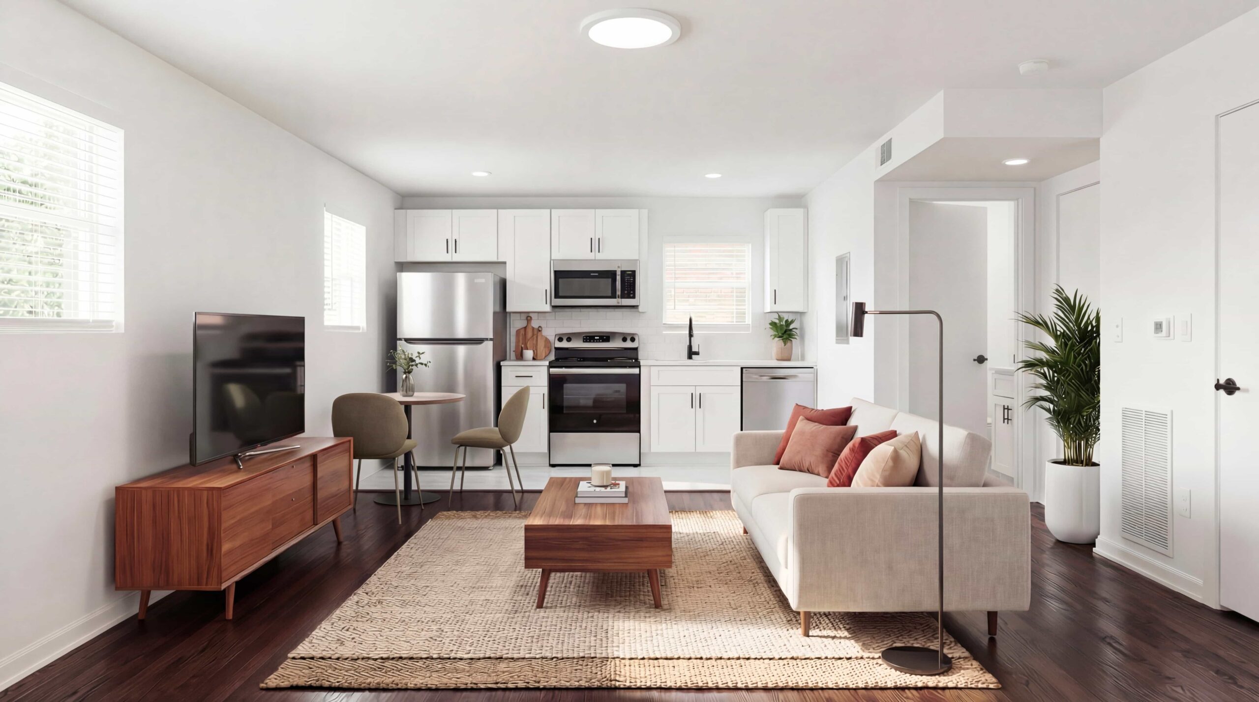 large living room and kitchen in open concept apartment layout
