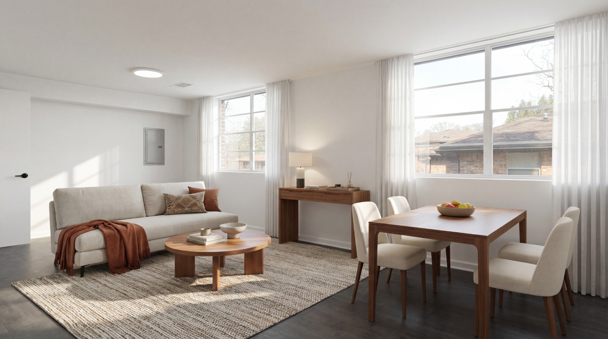 open apartment living room with huge rug, a sofa and dining table
