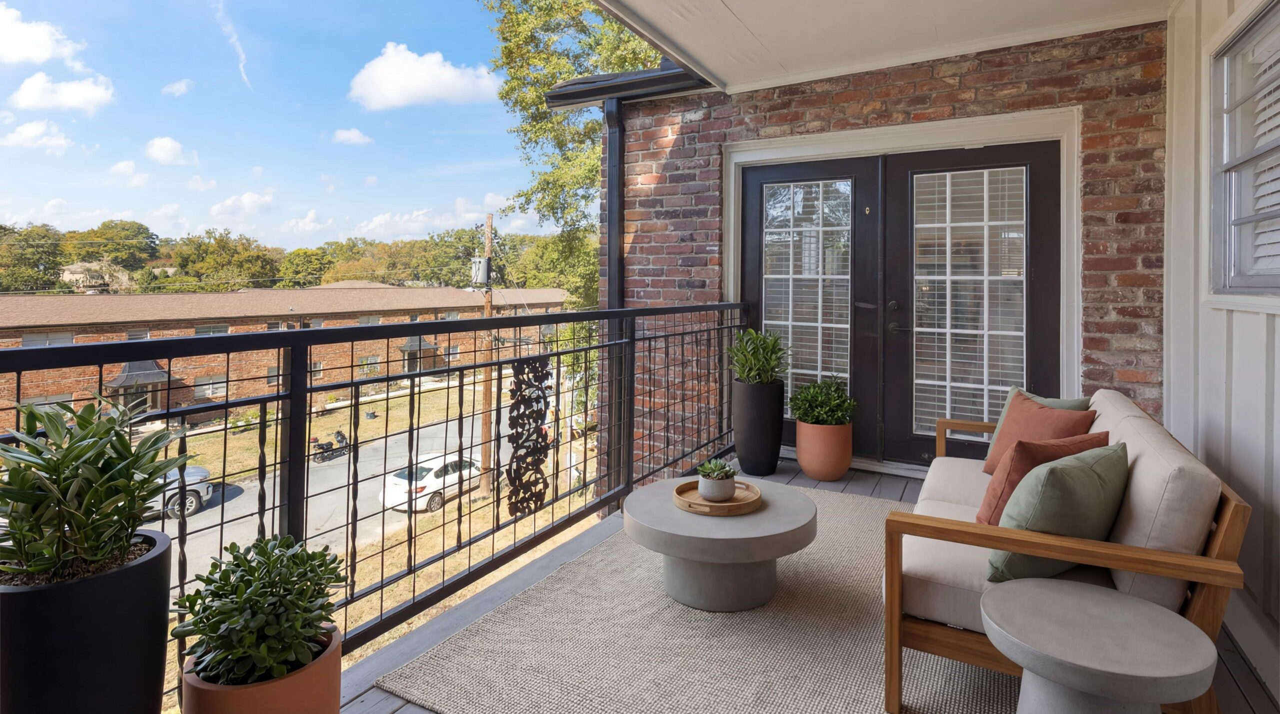 large private patio space with sofa outside of apartment